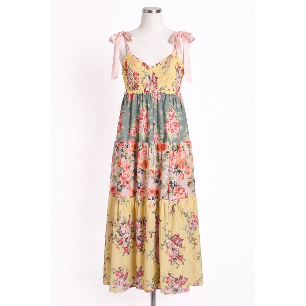 Floral Boho Maxi Dress Tiered Tie Shoulder est. Med Free People "Bluebell"-Insp - Picture 2 of 9